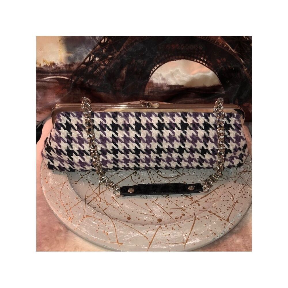 Apt. 9 Houndstooth Tweed Black Purple White With Silver Details Kissing Clutch